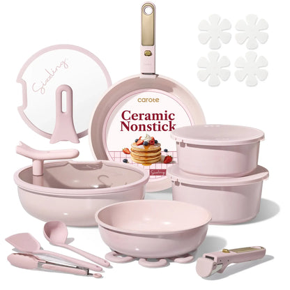 20Pcs Ceramic Cookware Set Stand-Up Lid with Detachable Handle Set, Non Stick Pots and Pans Set Non Toxic, PFAS Free