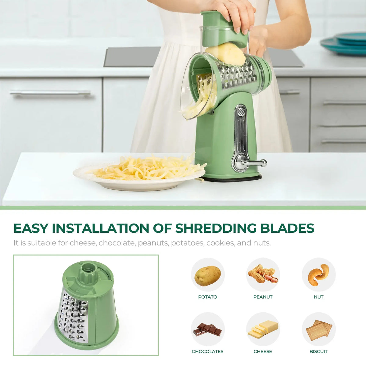 Rotary Grater | 5 Exquisitely Designed Blades in Different Shapes + Heavy-Duty Suction Cup Base