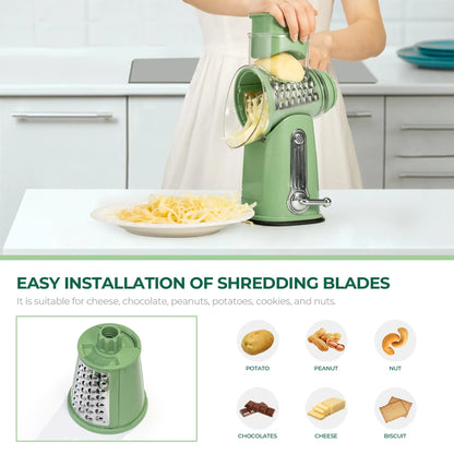 Rotary Grater | 5 Exquisitely Designed Blades in Different Shapes + Heavy-Duty Suction Cup Base